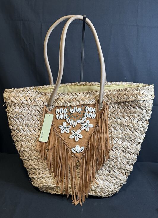 Sky Handbags - NWT BAY SKY Vegan Huge Beach Bag- Faux Leather Fringe Cowrie Shells Zip Close